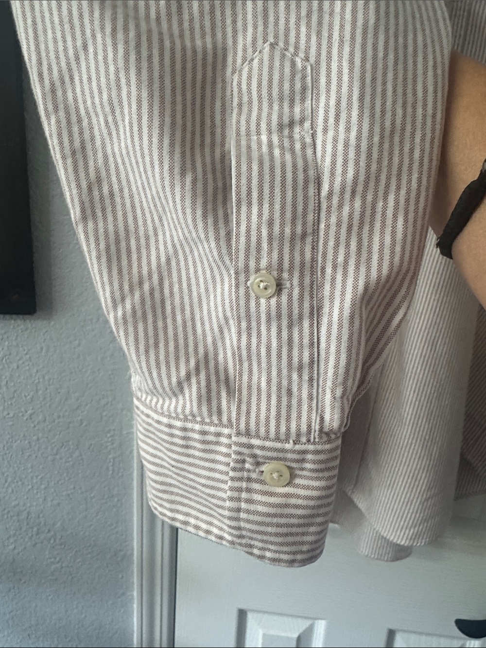 Vintage 90s Ralph Lauren Beige & White Stripe Button-Down Shirt. Made in Jamaica - Picture 2 of 8